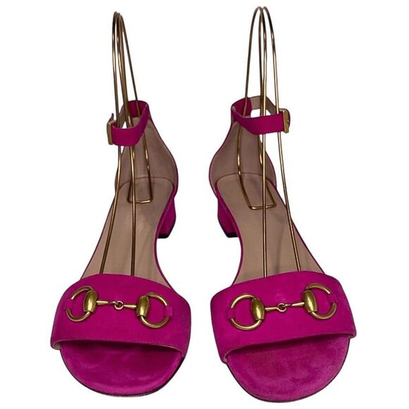 Gucci Fuchsia Pink Suede Horsebit Ankle Strap Sandals EU 38 US 8 Block Heel Pump - Picture 2 of 9